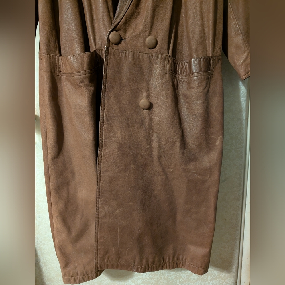G111 Vintage Brown Leather Trench Coat 80s - Picture 14 of 16